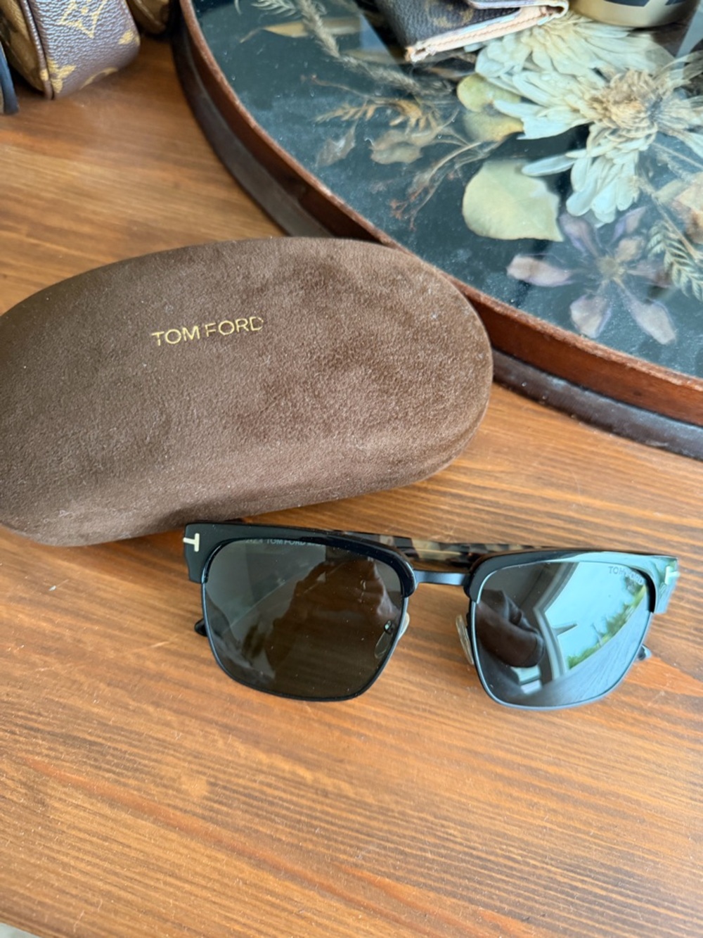 Tom Ford Black Sunglasses with Brown Suede Case